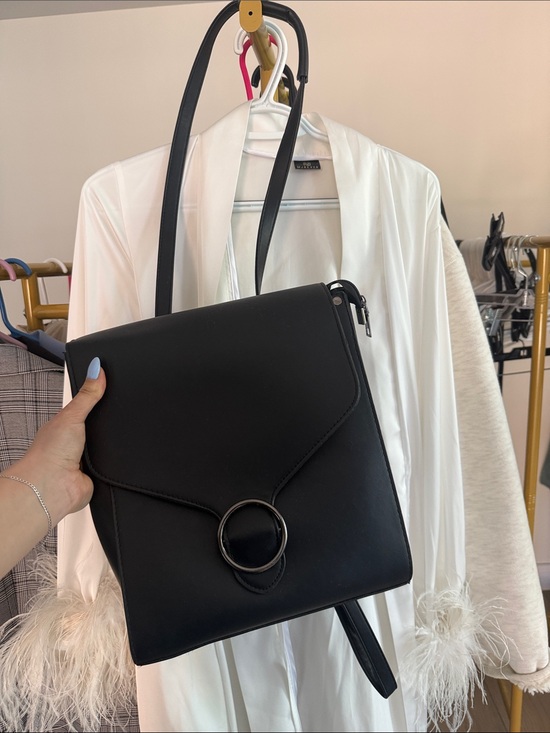 Handbags - Minimalist Black Backpack with Circular Ring Detail